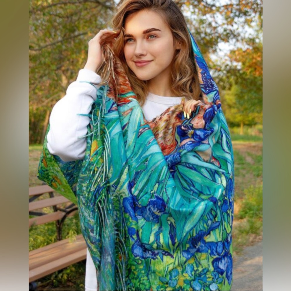Reversible Cashmere/Cotton Blend Reproduction of Van Gogh Irises Painting Scarf